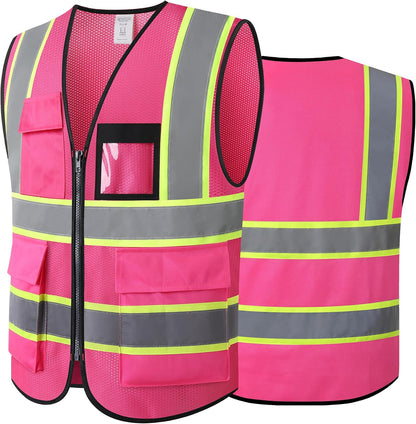 Reflective High Visibility Safety Vest for Men Women with Pockets Zipper Front Meets ANSI/ISEA Standards