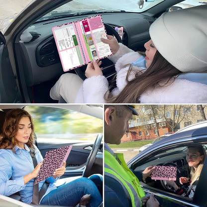 Car Registration and Insurance Holder, with Magnetic Closure for License, Cards and Documents, All Vehicle Needs and Car Accessories (Leopard-Black)