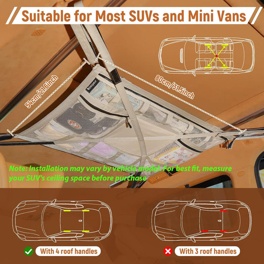Car Ceiling Cargo Net with 2 Pockets,31.5"x21.6" Overhead Storage Mesh Organizer for SUV and Mini Van,Double Car Net for Road Trip Essentials,Camping Gear,Vehicle Roof Storage,Beige