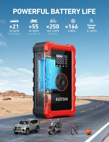 AstroAI S8 Air Jump Starter with Air Compressor, 3000A Peak Car Battery Jump Starter Portable (9.0 Gas/6.5L Diesel) with 150PSI Cordless Auto-Shutoff Tire Inflator, 12V Battery Charger Booster(Orange)