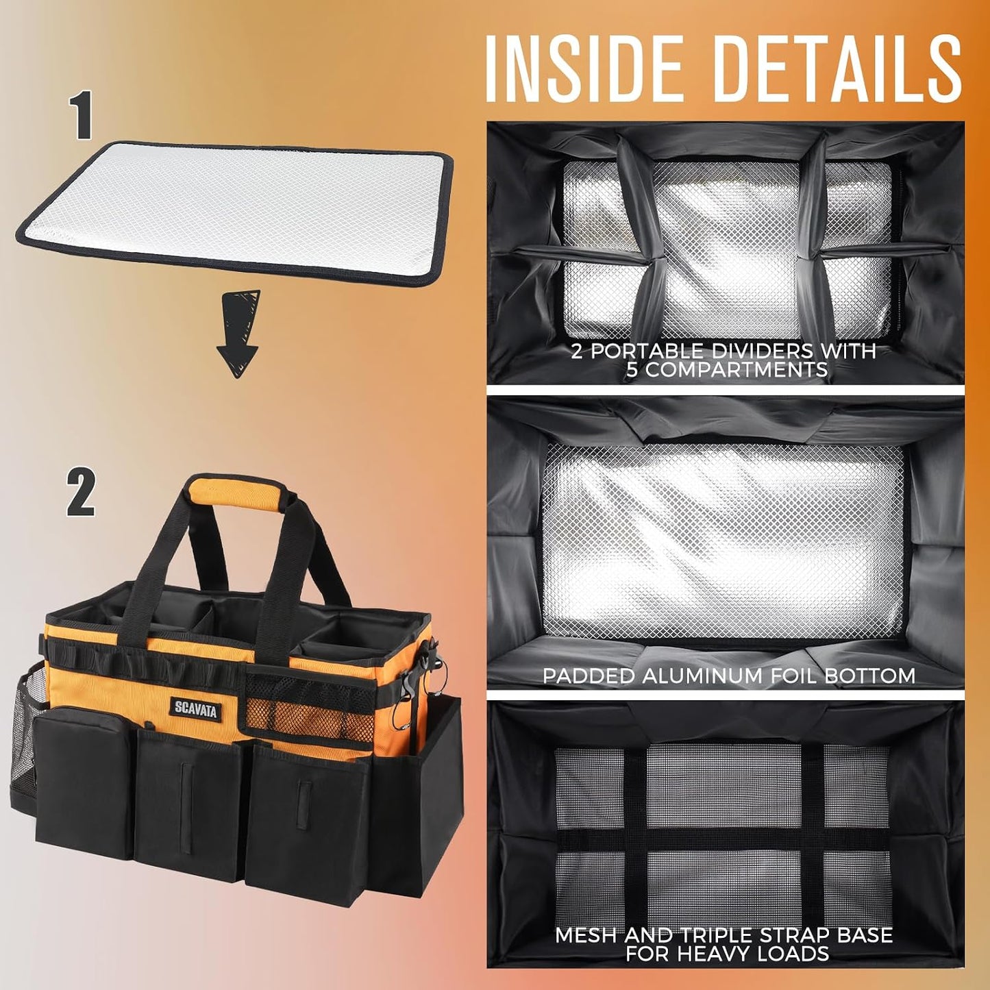 SCAVATA Wearable Cleaning Caddy Bag, Supplies Organizer with Handle & Shoulder Straps for Housekeepers, Under Sink & Car Cleaning Tool Organizer with 4 Foldable Dividers (Black)