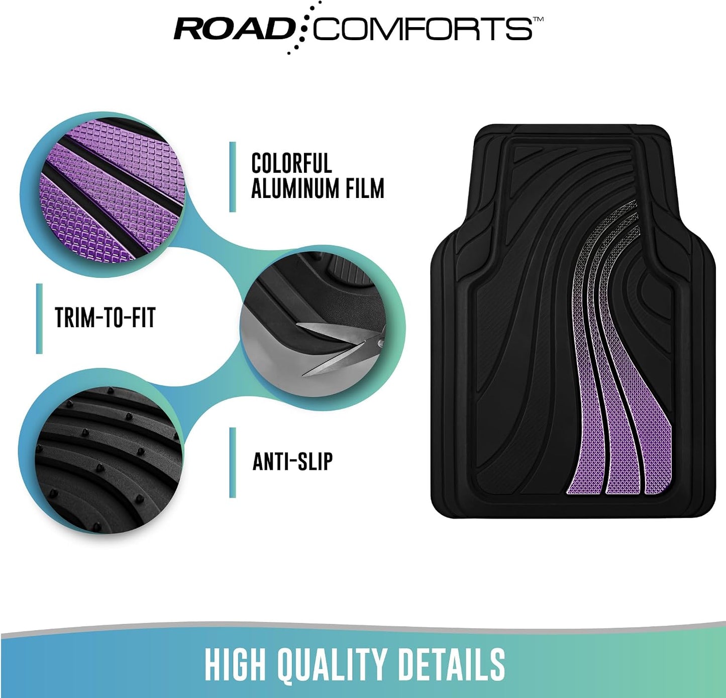 Road Comforts Car Floor Mats Full Set – Front & Rear Car Floor Mats with Aluminum Design, Anti-Slip Backing, All-Weather Protection, Trim-to-Fit Car Mats for Most Sedans, SUVs & Vans -All Pink