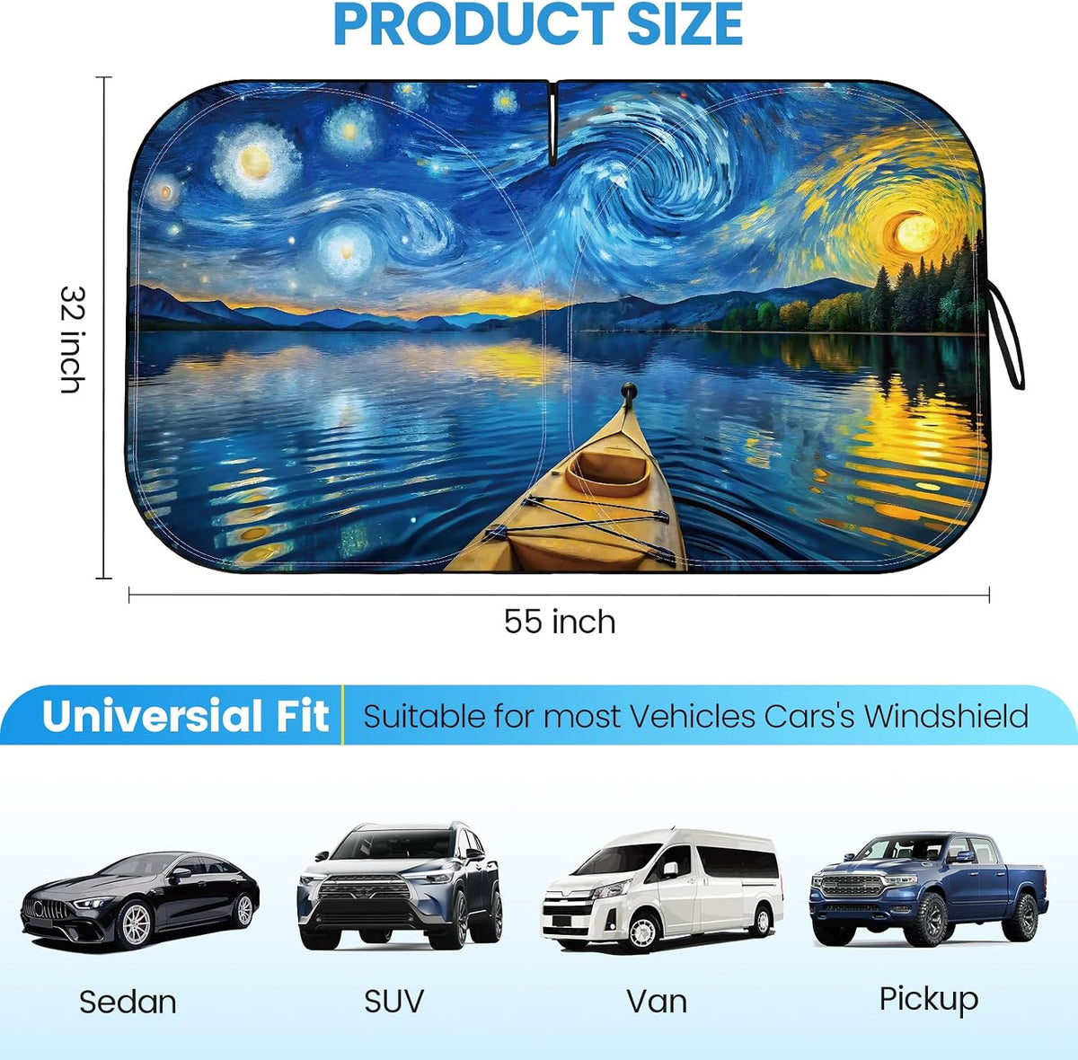 Fauson Car Windshield Sun Shade for Sedans, SUVs & Trucks Reflective UV Block Sunshade Visor Shield Foldable with Storage Bag Blocks Sun Heat to Keep Car Interior Cool, Front Window - L 57 x 32 W