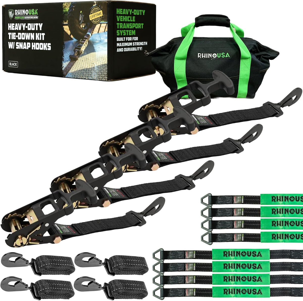 Rhino USA Car Tie Down Straps for Trailers with J Hooks (4-Pack) – 2" x8' (10,000lb Break Strength) – Heavy Duty Car Hauler Tire Straps with Axle Straps for UTV, Powersports & More – Black