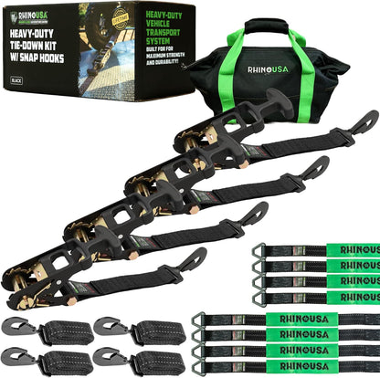 Rhino USA Car Tie Down Straps for Trailers with J Hooks (4-Pack) – 2" x8' (10,000lb Break Strength) – Heavy Duty Car Hauler Tire Straps with Axle Straps for UTV, Powersports & More – Black