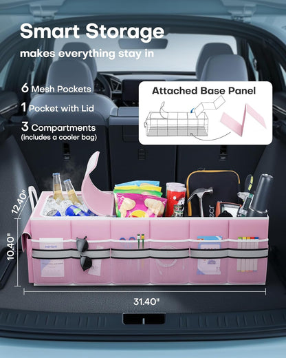 HOTOR Trunk Organizer - Car Organizer with Built-In Leakproof Car Cooler, Collapsible Trunk Organizer with Cooler for Car, SUV, Sedan, with Base Panel (3 Compartments, Black),31.9"×12.6"×10.6"