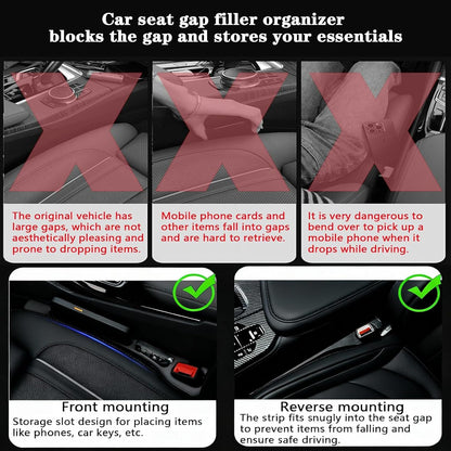 Car Seat Gap Filler Organizer of 2 – Universal Car Gap Seat Filler with Storage Pockets, No Drop Seat Guard for Phones, Keys & Cards, Car Accessories for Most Cars Trucks SUVs (Black)