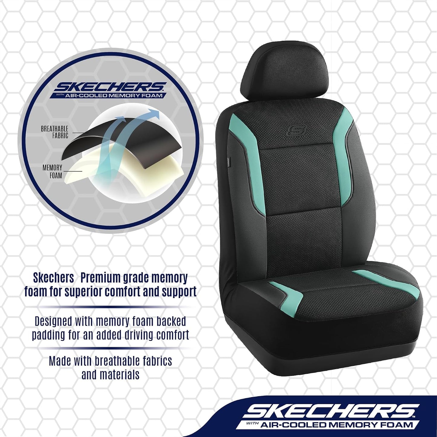 Skechers Memory Foam Seat Covers, Air Cool Mesh Thick Car Seat Covers, Car Seat Covers Front Seats Airbag Compatible, Universal Automotive Comfort for Most Cars, Vans, Trucks, SUV,Black