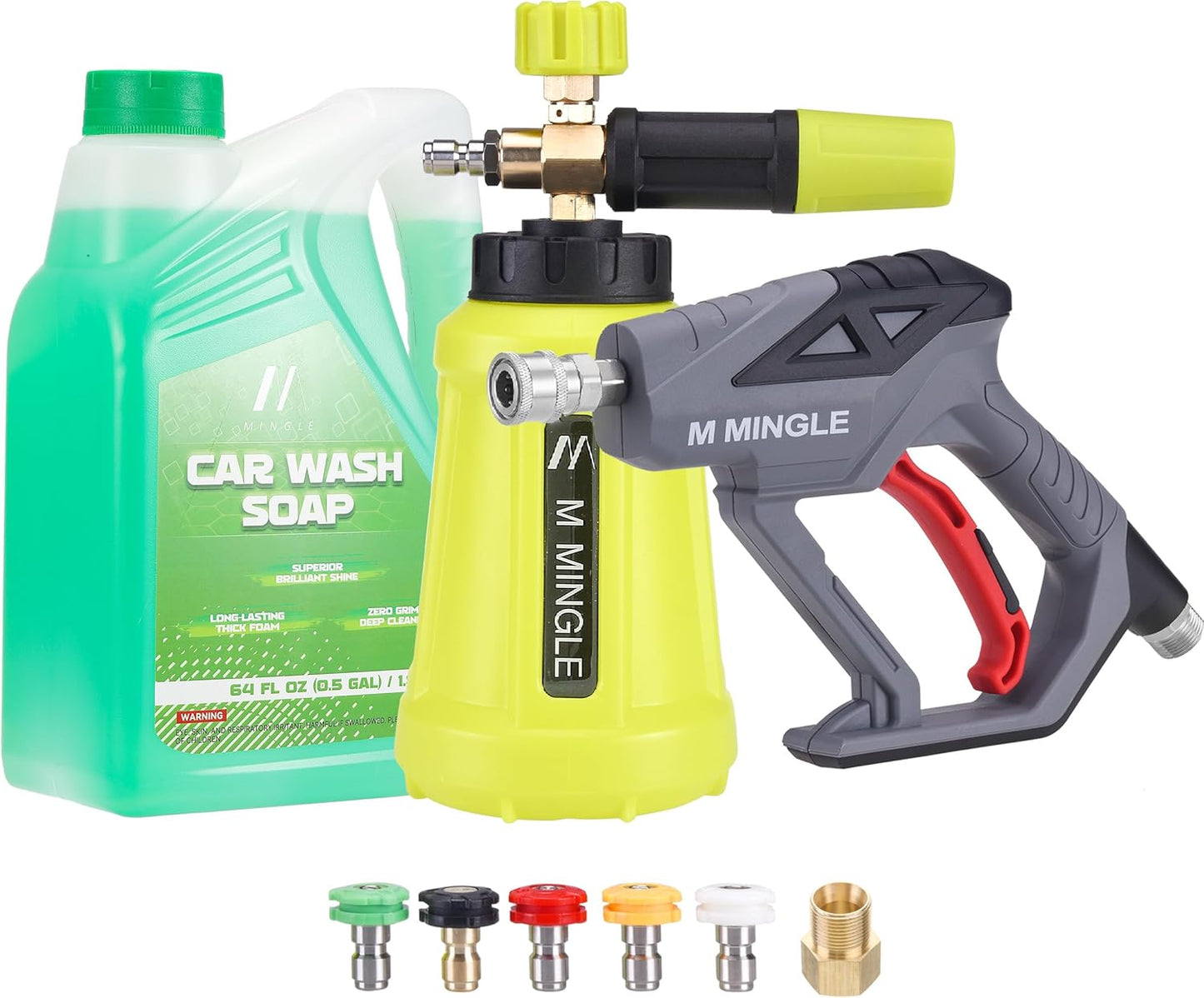 M MINGLE High Pressure Washer Gun with Foam Cannon, Foam Cannon Dual Connector Accessory, Car Wash Foam Gun Kit 1/4 Inch Quick Connector, 5 Pressure Washer Nozzle Tips