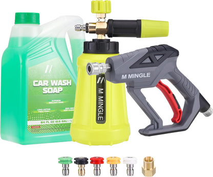 M MINGLE High Pressure Washer Gun with Foam Cannon, Foam Cannon Dual Connector Accessory, Car Wash Foam Gun Kit 1/4 Inch Quick Connector, 5 Pressure Washer Nozzle Tips