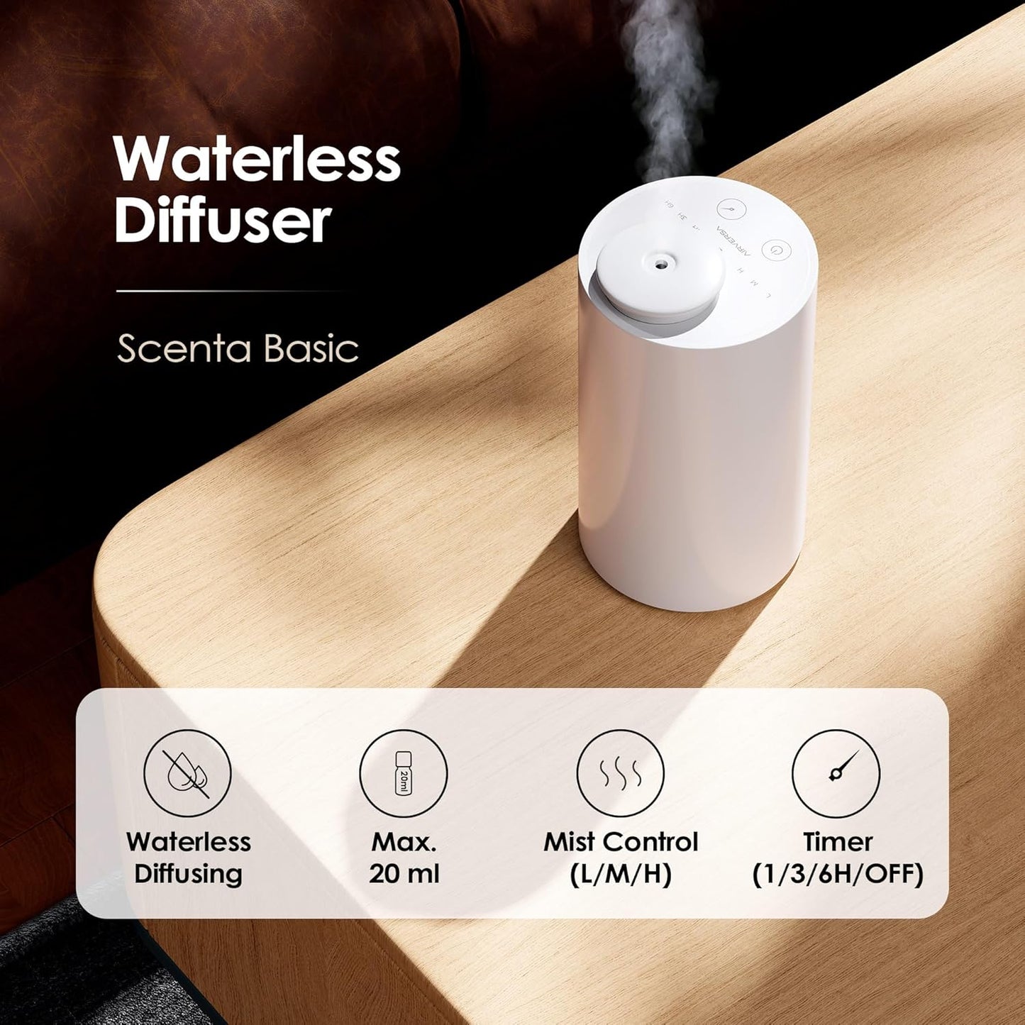 Airversa Waterless Diffuser for Essential Oil, Car Diffsuer, Battery Operated Nebulizer, 0.7 Fl Oz/ 20mL, Mini Scent Air Machine, 3 Timers & 3 Mist Levels for Home, Room, Car, Office - AN6 Black