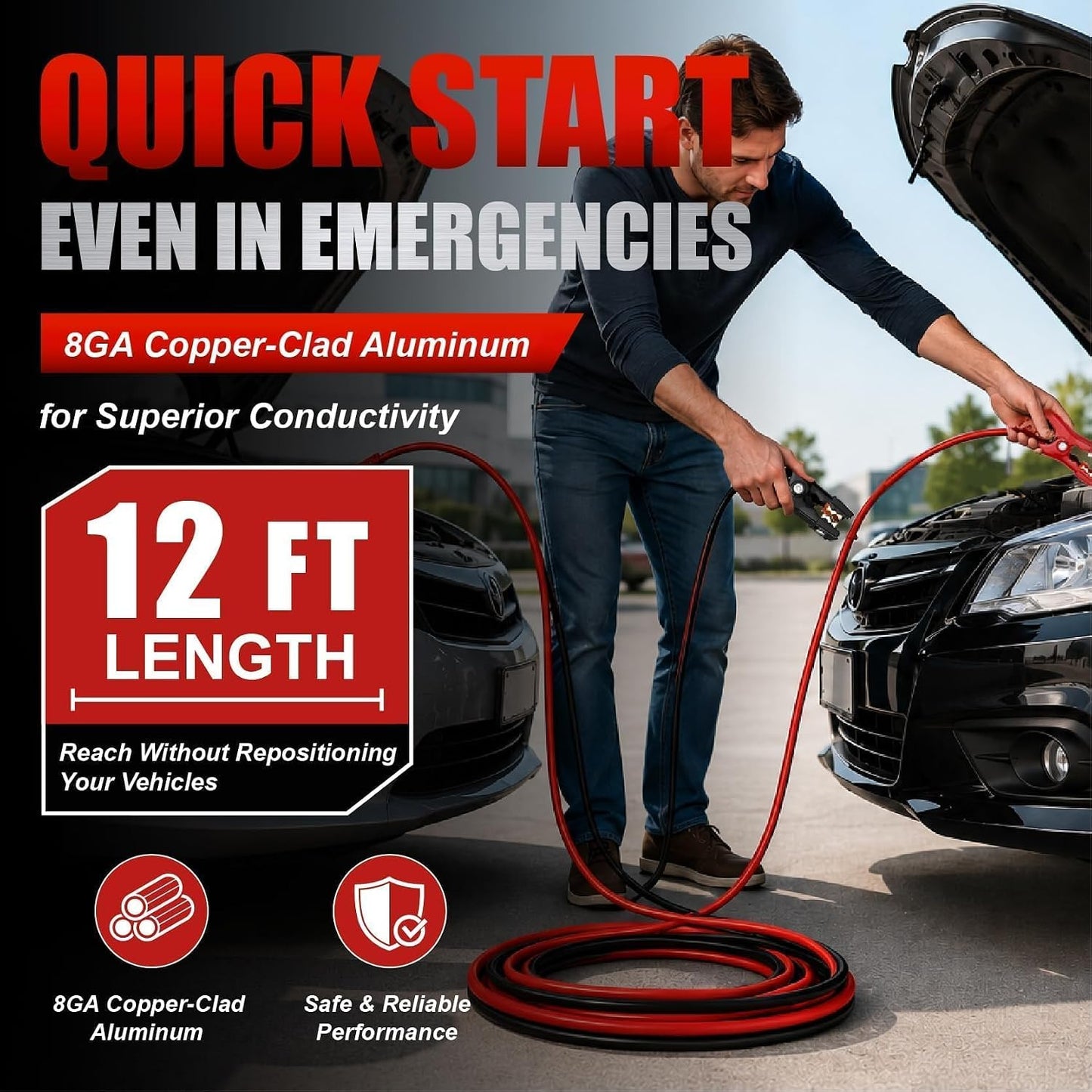 Jumper Cables for Car,8 Gauge 12 Feet Heavy Duty Booster Cable,Quick Connect Automotive Wires with Alligator Clamps,Carrying Bag for Cars Trucks