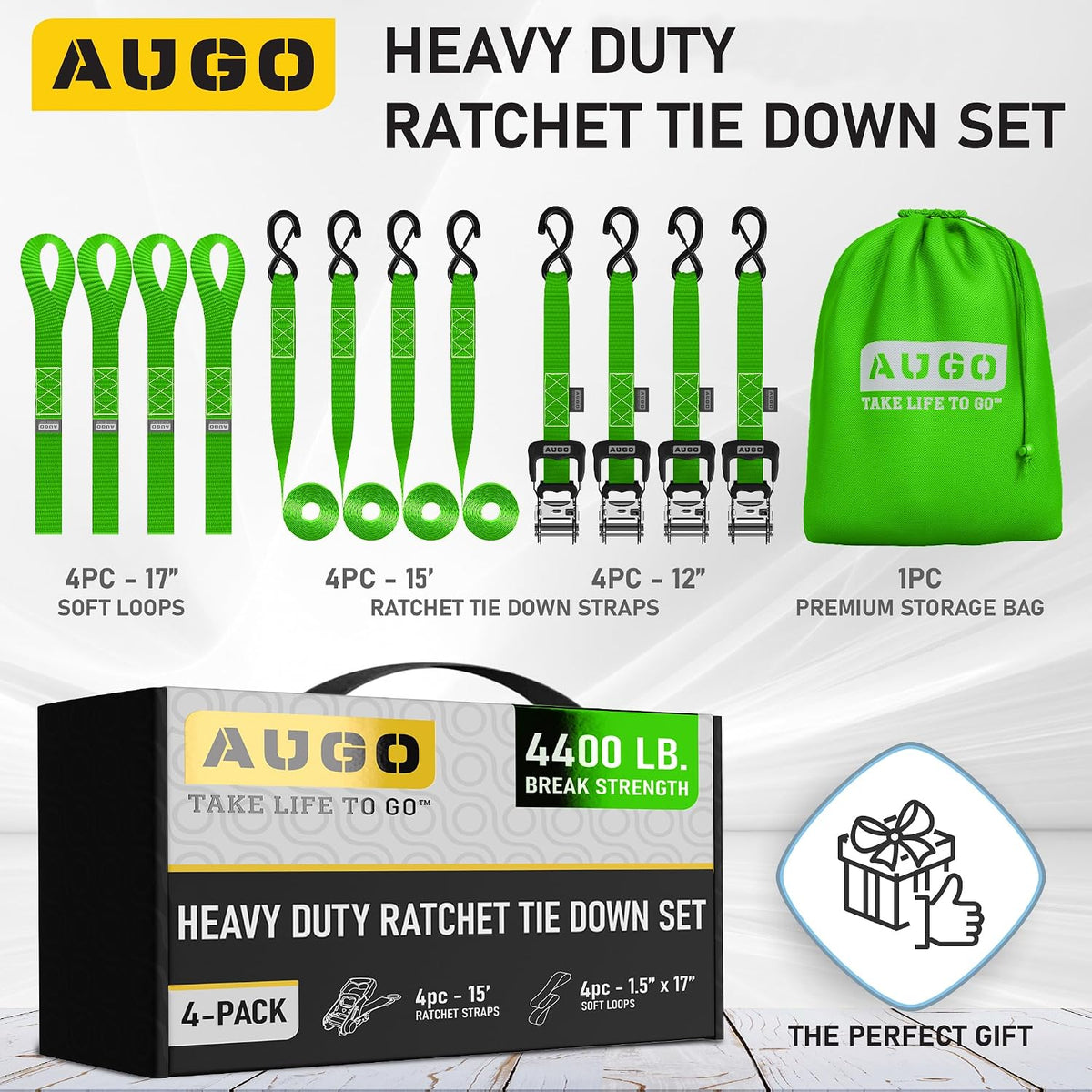 AUGO Ratchet Straps Heavy Duty 4 Pack -15 FT - 2200 LB Break Strength – with Safety Lock S Hooks - Cargo Straps for Moving, Appliances, Motorcycle – Soft Loop Tie Down Straps