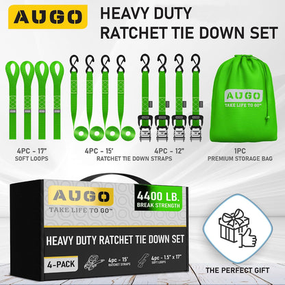 AUGO Ratchet Straps Heavy Duty 4 Pack -15 FT - 2200 LB Break Strength – with Safety Lock S Hooks - Cargo Straps for Moving, Appliances, Motorcycle – Soft Loop Tie Down Straps