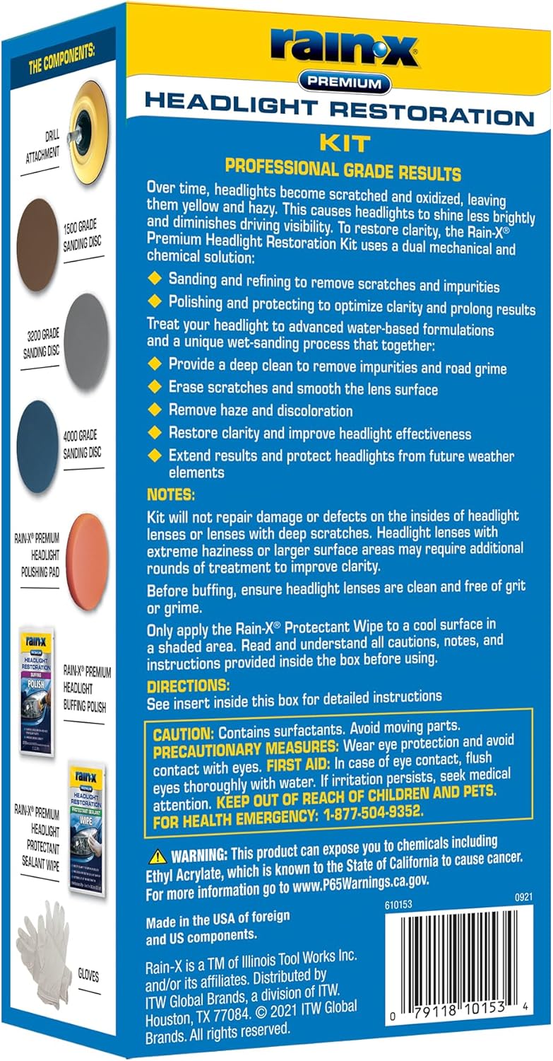 Rain-X 610153 Headlight Restoration Kit - Car Light Lens Cleaner/Restorer with Sanding & Polishing Drill Attachments & Sealant Wipe, Removes Scratches & Oxidation- All in 1 Long Lasting Formula