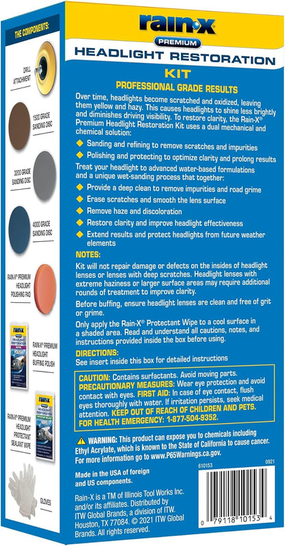 Rain-X 610153 Headlight Restoration Kit - Car Light Lens Cleaner/Restorer with Sanding & Polishing Drill Attachments & Sealant Wipe, Removes Scratches & Oxidation- All in 1 Long Lasting Formula