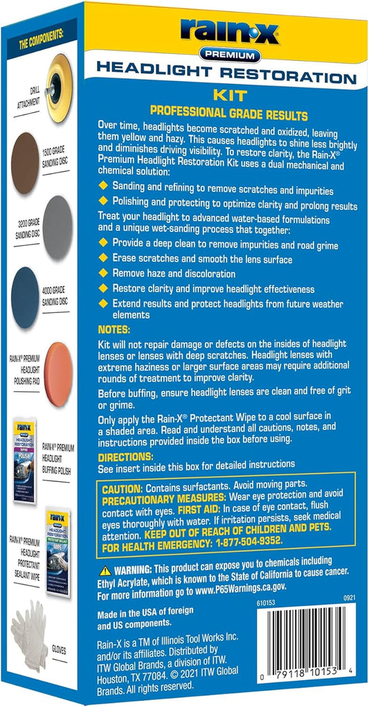 Rain-X 610153 Headlight Restoration Kit - Car Light Lens Cleaner/Restorer with Sanding & Polishing Drill Attachments & Sealant Wipe, Removes Scratches & Oxidation- All in 1 Long Lasting Formula