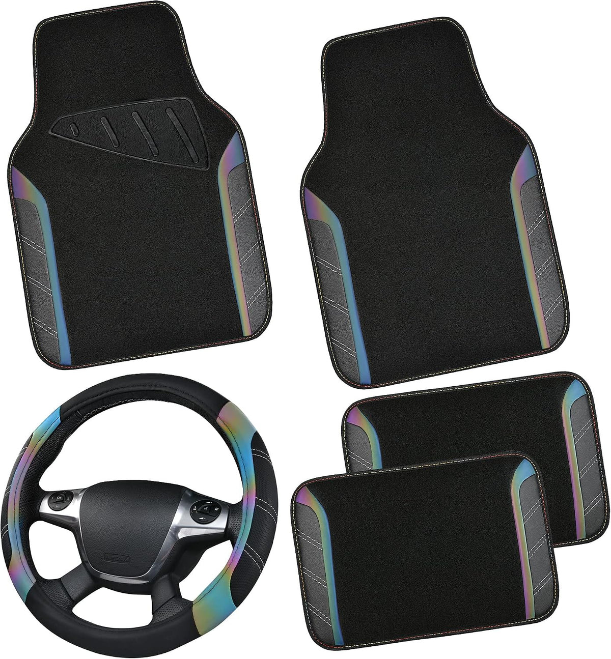 CAR PASS Air Mesh Leather Car Seat Covers Full Set, Waterproof Car Floor Mats, Sporty Steering Wheel Cover 14.5-15in, Universal Fits for 95% Cars Truck SUV (Black and Blue)