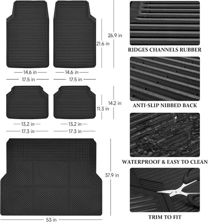 CAR PASS Rubber Floor Mats, All Weather Full Set 4-Piece, Waterproof Automotive Mats Trim to Fit Most Cars Sedans SUVs Vans, Heavy Duty Anti-Slip Easy Clean, All Black