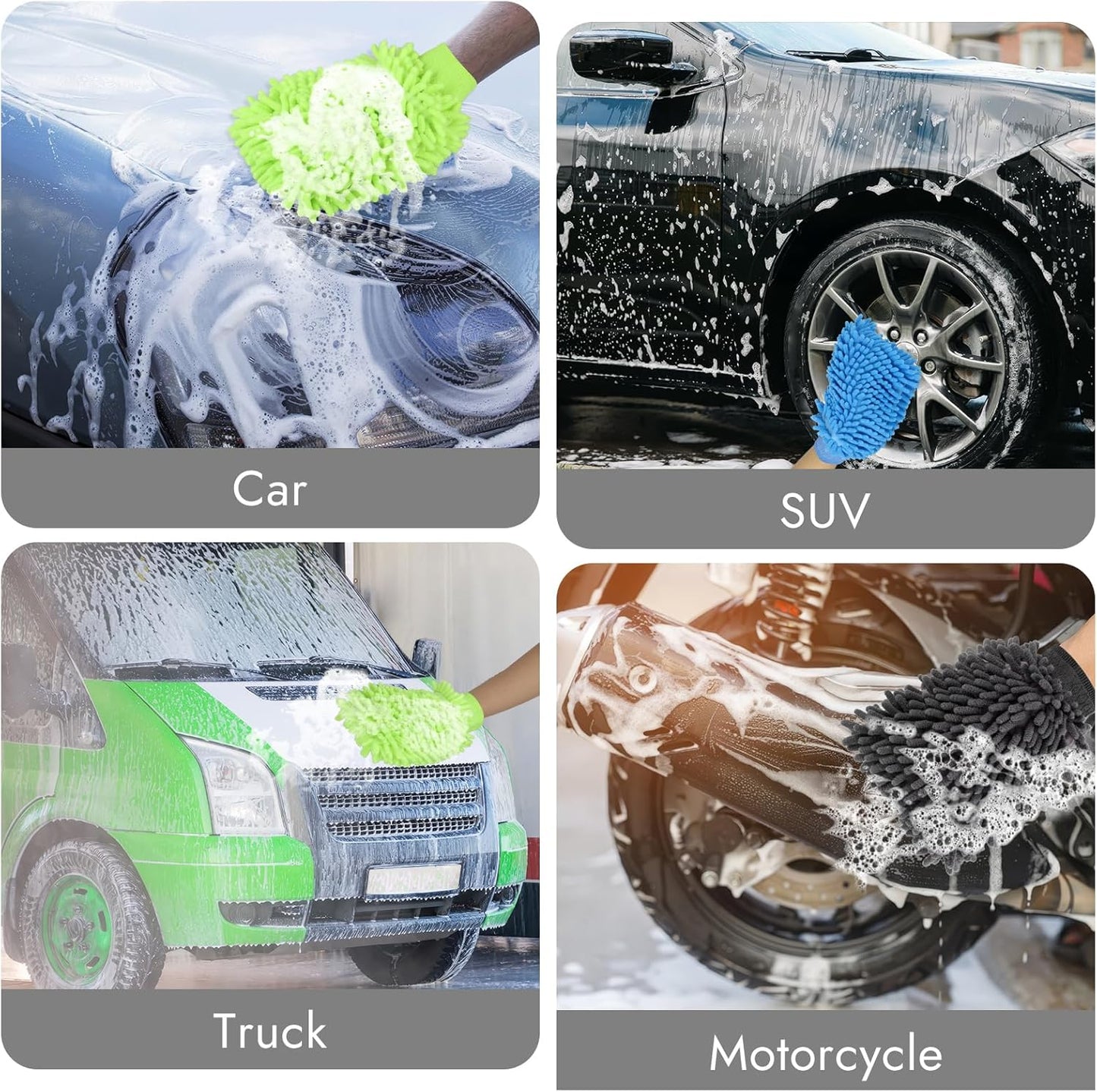 3 Pack Chenille Microfiber Car Wash Mitt, 7" x 9.6" Car Washing Mitts, Home Dusting Gloves, Scratch Free Lint-Free, Highly Absorbent, Double Sided, for Cleaning Detailing Polish (Green)