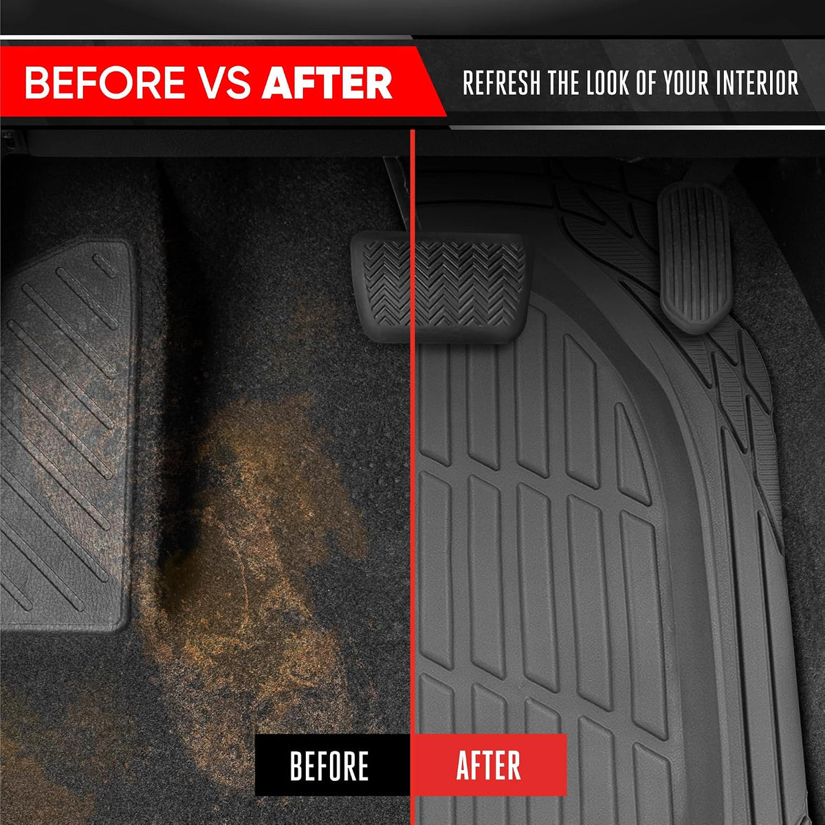 Motor Trend FlexTough 4-Piece Heavy Duty Floor Mats for Cars Trucks SUVs, Automotive Floor Mats Car Mats Full Set Front, Rear & Cargo, Trim-To-Fit Semi-Custom Deep Dish All Weather Rubber Mats - Black