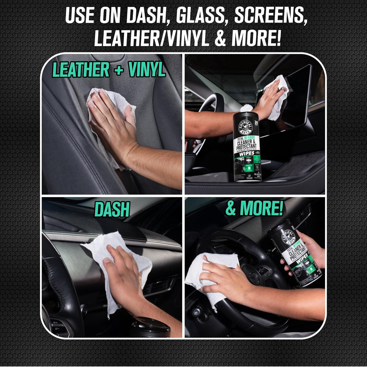 Chemical Guys Total Interior New Car Smell Cleaner & Protectant Wipes – All-in-One Interior Cleaning Wipes for Dashboards, Vinyl, Leather, Fabric & Glass – Cleans & Protects, New Car Scent, 30 Ct