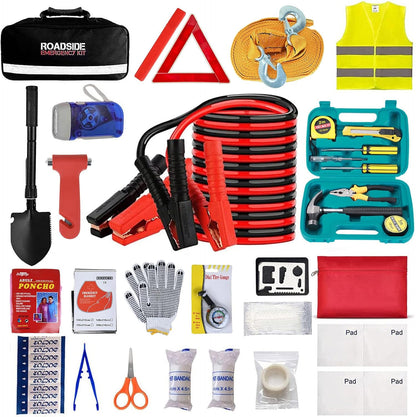 Car Emergency Roadside Tool Kit with Jumper Cable Shovel,Auto Truck Vehicle Assistant Safety Kit Bag for Men Women with First Aid Kit, Winter Basic Automobile Road Side Kit