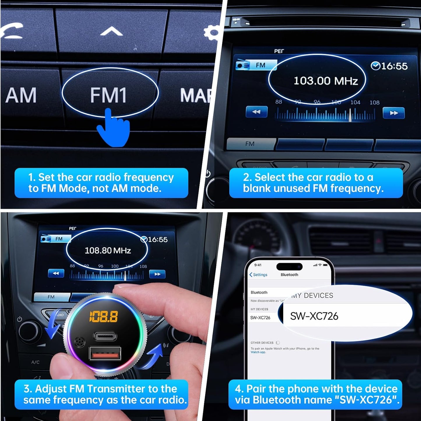 Syncwire Bluetooth 5.4 FM Transmitter for Car, 38W PD&QC3.0 Dual USB Charging Bluetooth Car Adapter Microphone & Bass Sound MP3 Music Player FM Kit with Hands-Free Calling