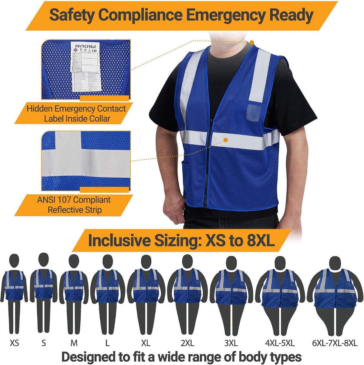 AYKRM 2 Pocket Mesh High Visibility Reflective Safety Vest for men & Women ANSI/ISEA 107 Standards