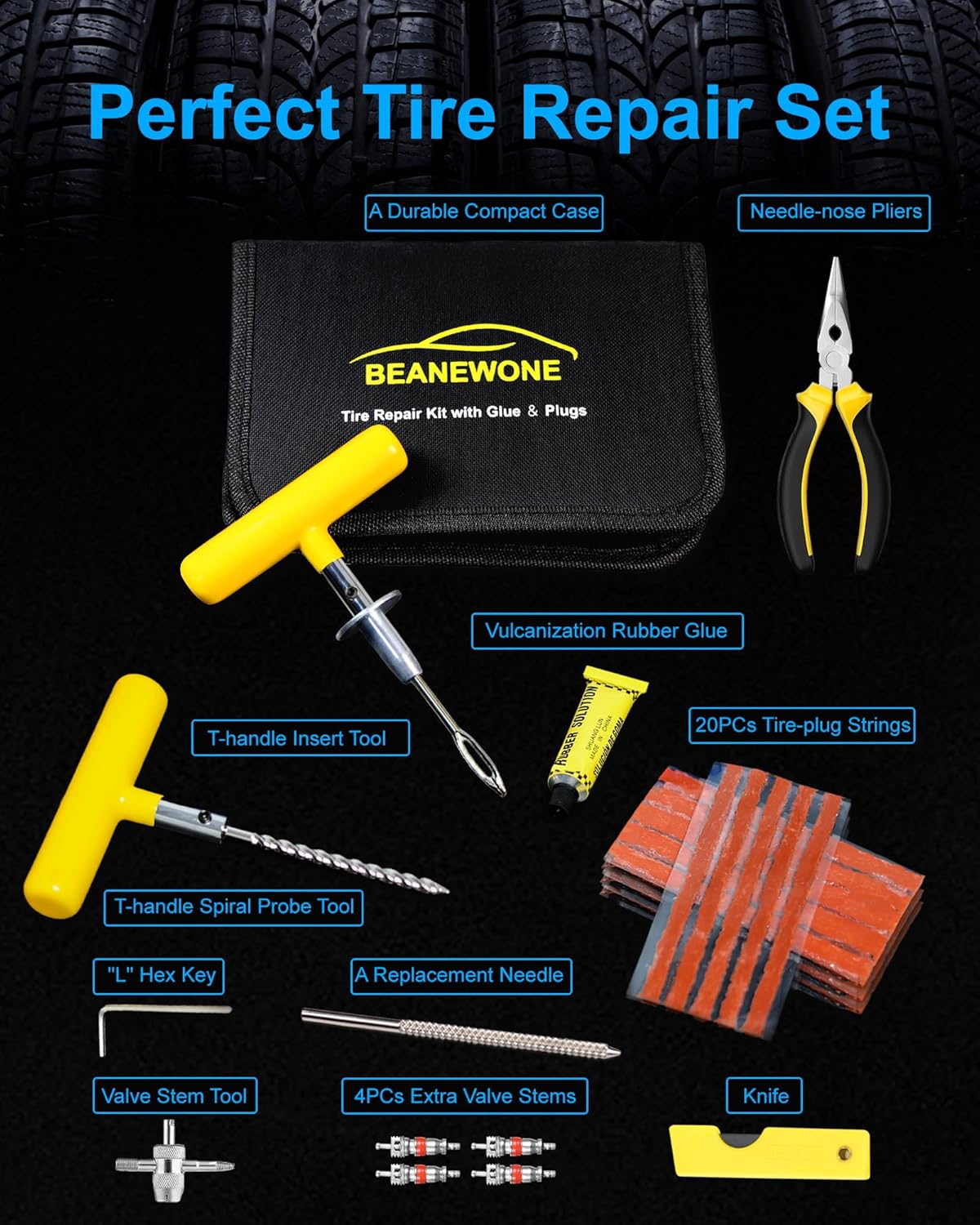 Tire Repair Kit with Plugs, Tire Plug Kit Heavy Duty Professional for Car, ATV, Motorcycle, Truck, Flat Tire Emergency Repair (Boxed Type - 16 PCs)