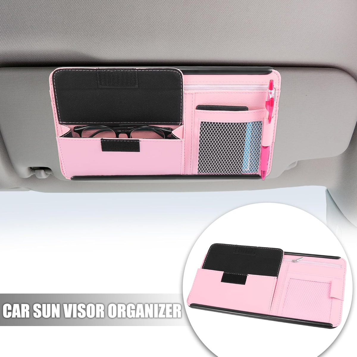 X AUTOHAUX Black Universal Car Sun Visor Organizer Sunglasses Case Storage Pocket Hook and Loop Tape ABS PU Leather for SUV RV Truck