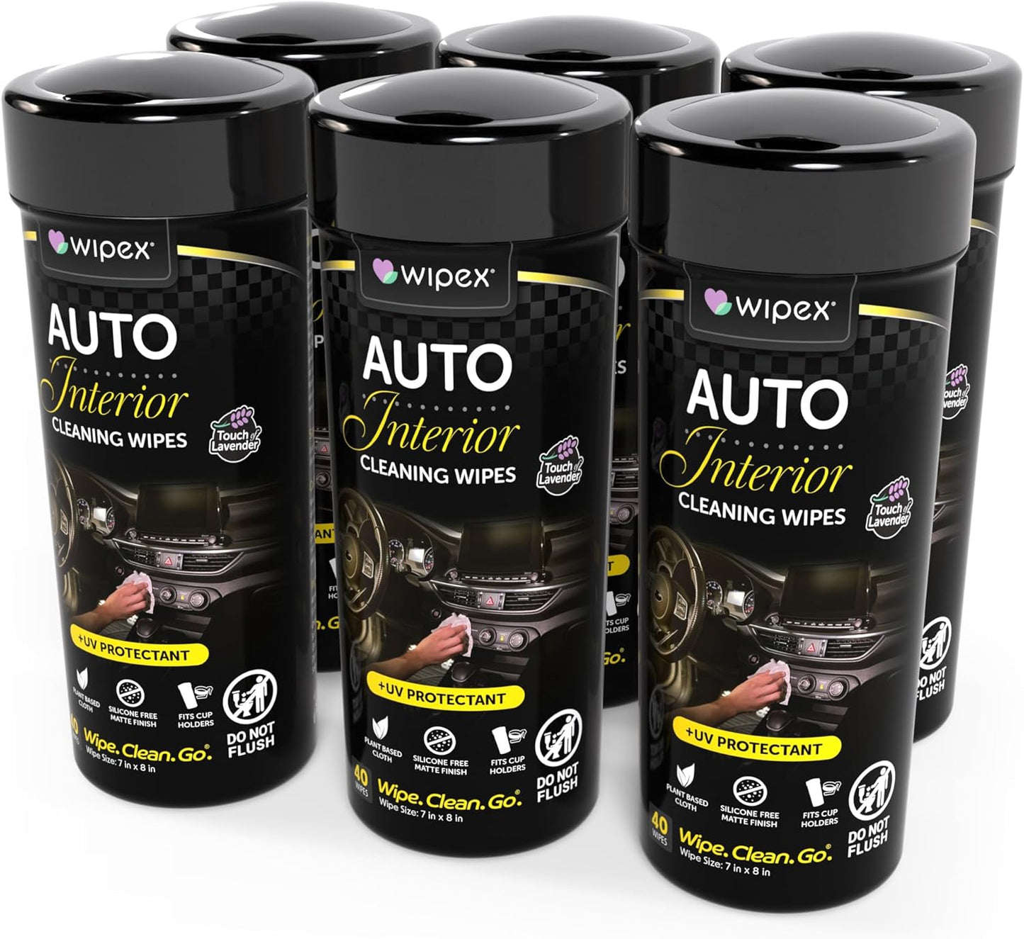 Wipex Auto Interior Car Cleaning Wipes - Plant Based Car Wipes - Lavender Essence, Safe for Vinyl, Rubber, Plastic, Leather, Chrome, Non-Greasy Matte Finish, UV Protectant, 40Ct Car Detailing Supplies