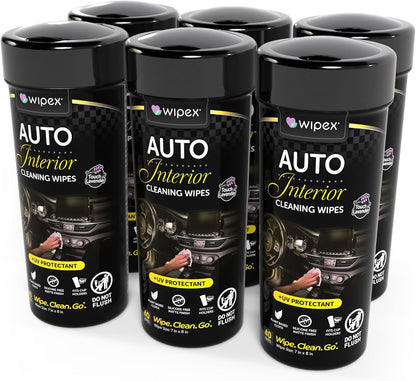 Wipex Auto Interior Car Cleaning Wipes - Plant Based Car Wipes - Lavender Essence, Safe for Vinyl, Rubber, Plastic, Leather, Chrome, Non-Greasy Matte Finish, UV Protectant, 40Ct Car Detailing Supplies