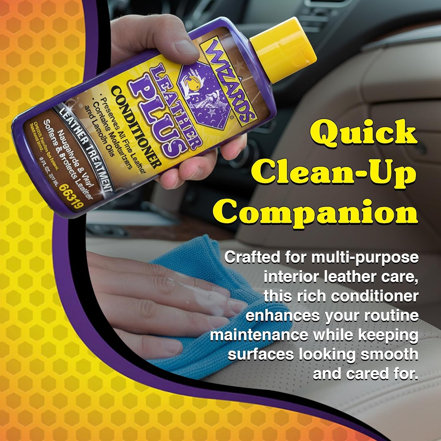 Wizards Leather Plus Conditioner - Moisturizing Car Leather Seat Cleaner and Conditioner - Cleans, Conditions and Protects Leather, Naugahyde and Vinyl Car Accessories - 8 oz - Made in USA