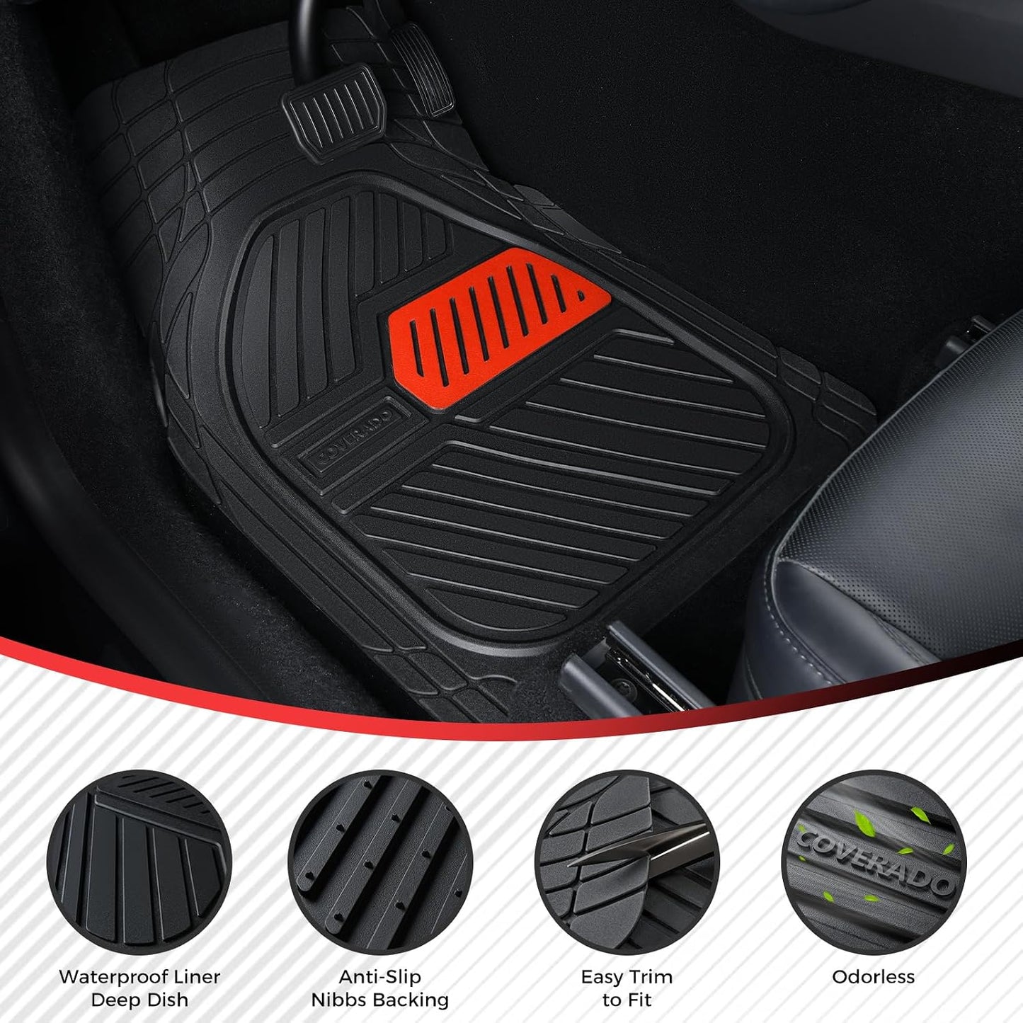 Coverado Car Floor Mats All Weather Waterproof Deep Dish Anti-Slip Car Mats Set, Heavy Duty Rubber Floor Mats for Cars, Universal Trim to Fit Automotive Floor Mats for Cars Trucks SUV, Black&Red