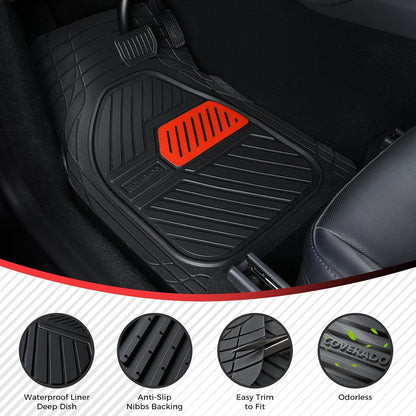 Coverado Car Floor Mats All Weather Waterproof Deep Dish Anti-Slip Car Mats Set, Heavy Duty Rubber Floor Mats for Cars, Universal Trim to Fit Automotive Floor Mats for Cars Trucks SUV, Black&Red