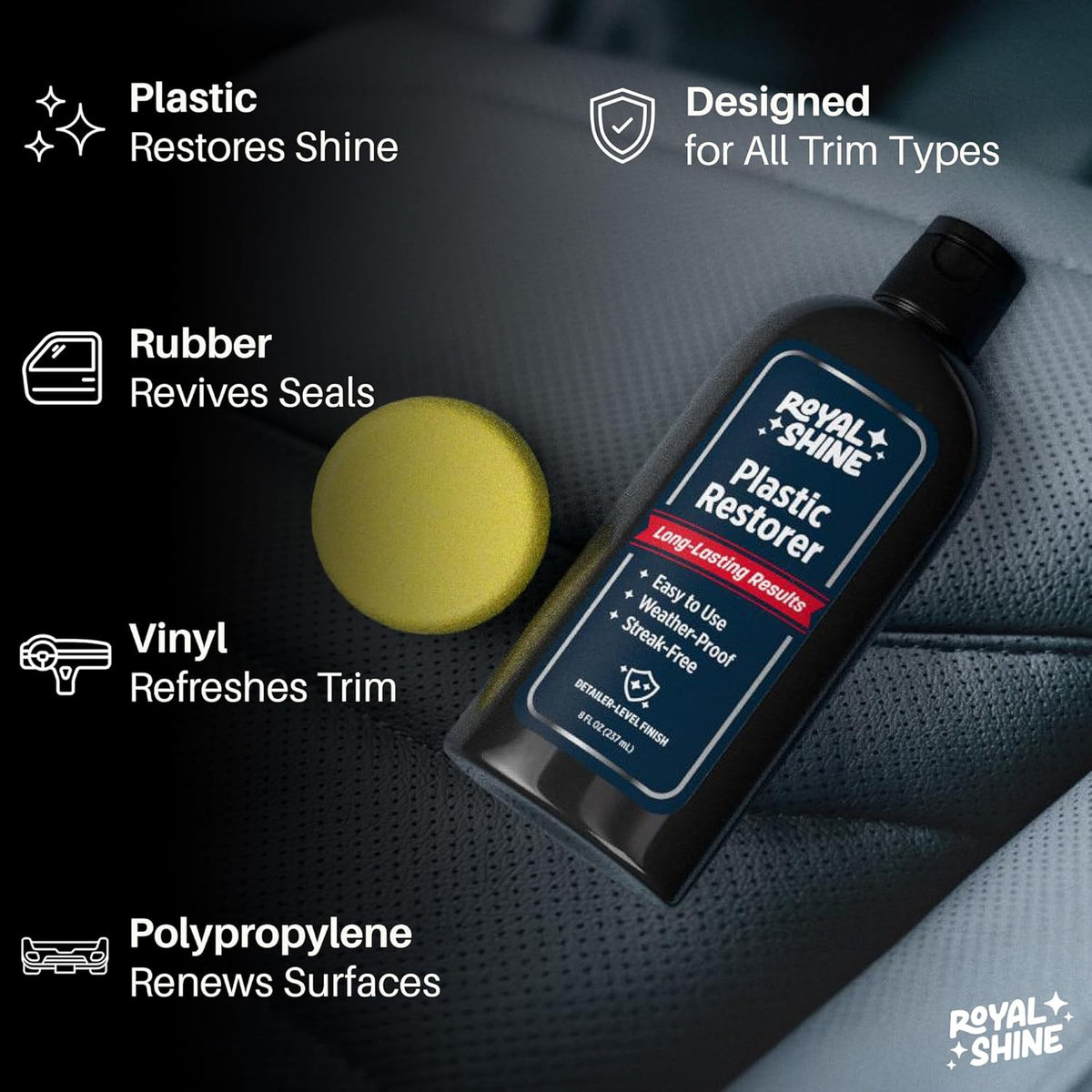 Plastic Restorer for Long-Lasting, Deep Black Results – Restores Faded Plastic, Rubber & Vinyl with UV Protection, Non-Greasy Formula + Foam Applicator, 8oz