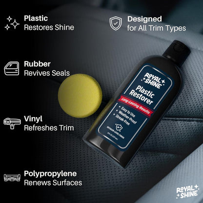 Plastic Restorer for Long-Lasting, Deep Black Results – Restores Faded Plastic, Rubber & Vinyl with UV Protection, Non-Greasy Formula + Foam Applicator, 8oz