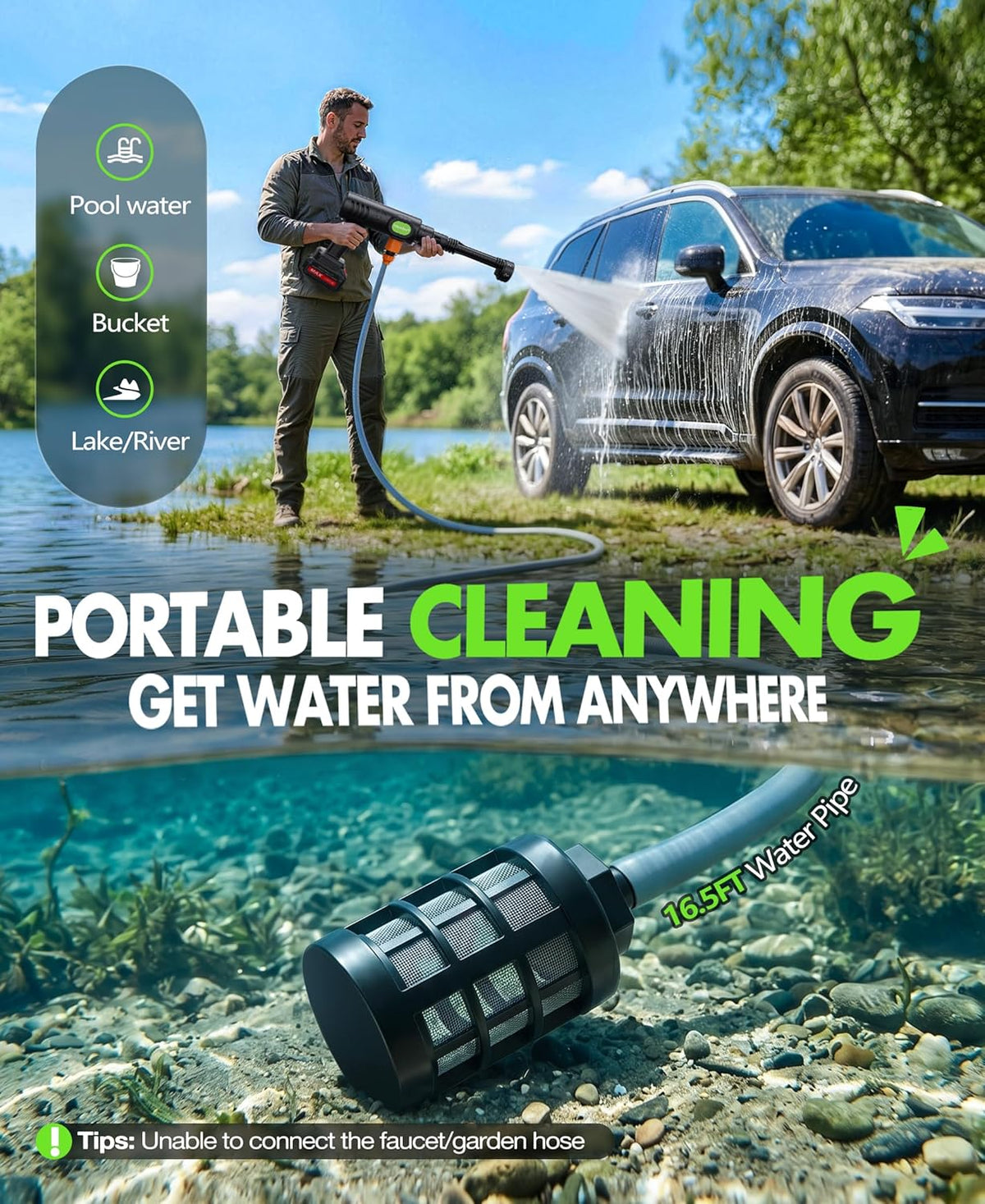 PoolLeader Cordless Car Washing Tool, Portable Vehicle Cleaner with 6-in-1 Nozzle & Foam Cannon, Battery Operated Cordless Car Wash Spray, Handheld Wash Machine for Car, Patio, Home - Lime Green
