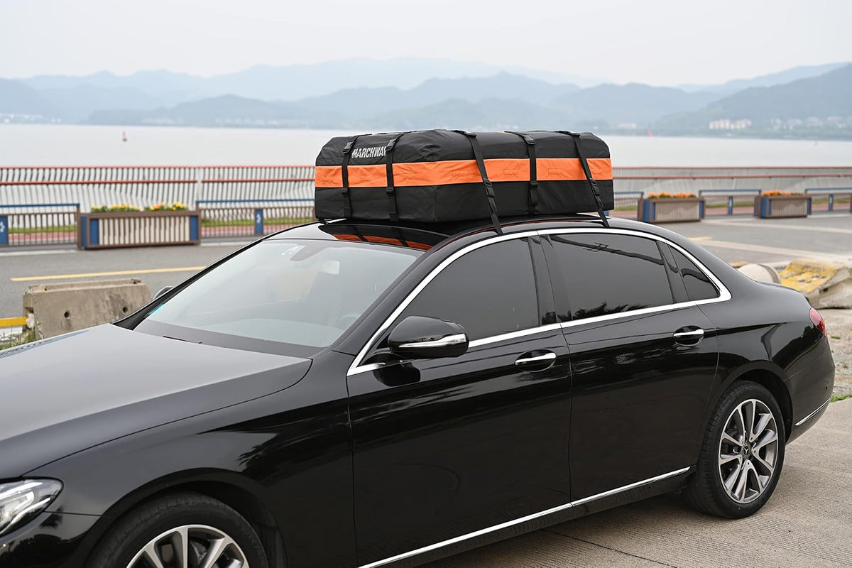 MARCHWAY Waterproof Car Roof Luggage Bag, Weatherproof Soft Shell Rooftop Cargo Carrier Bag for Vehicles with or Without Rack. 6 Door Hooks, Anti Slip Mat, Lock Included (21 Cubic Feet, Black)