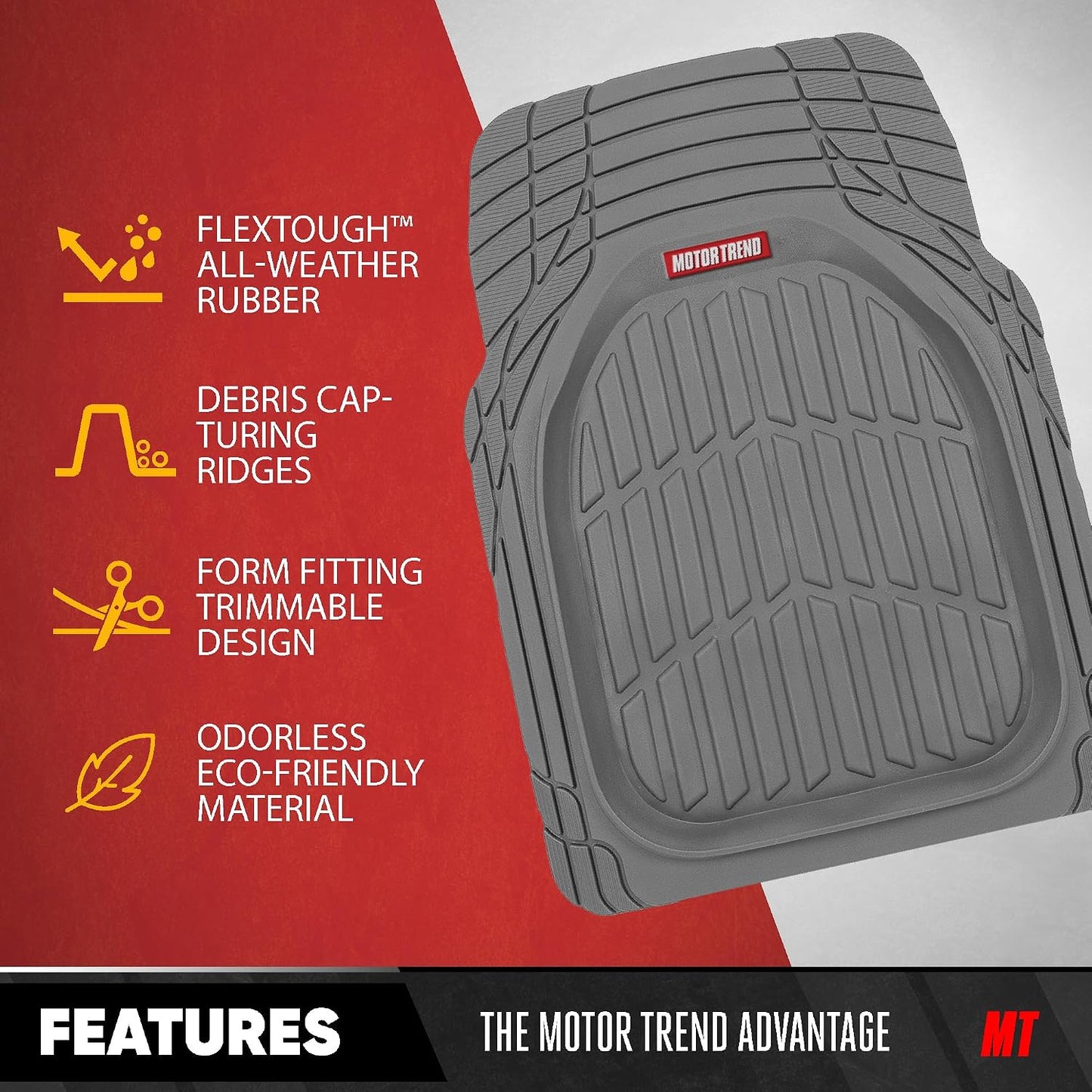 Motor Trend FlexTough 4-Piece Heavy Duty Floor Mats for Cars Trucks SUVs, Automotive Floor Mats Car Mats Full Set Front, Rear & Cargo, Trim-To-Fit Semi-Custom Deep Dish All Weather Rubber Mats - Black