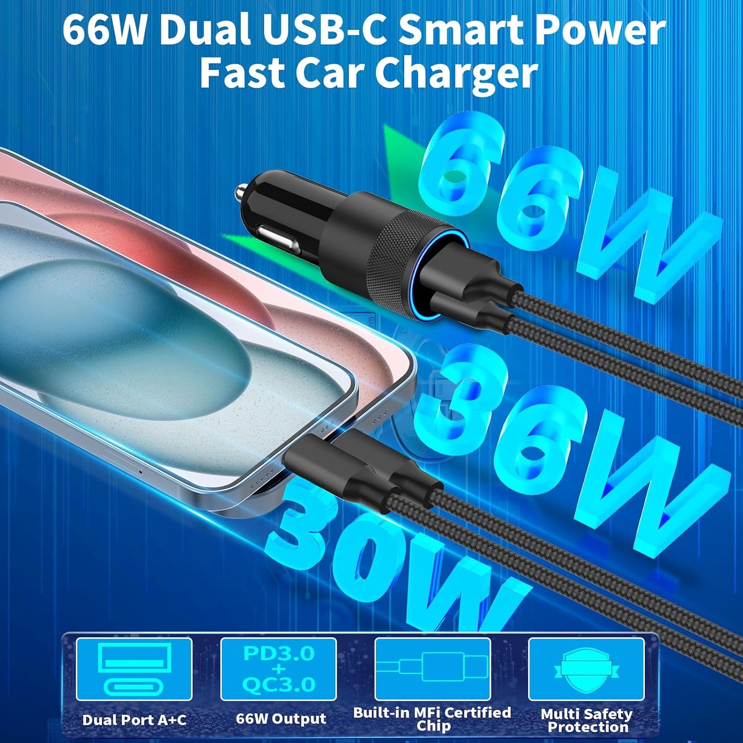 【MFi Certified】iPhone 17 Car Charger Fast Charging, Braveridge 75W USB C PD&QC Car Power Cigarette Lighter USB Charger with 6FT Type C Coiled Cable for iPhone 17/17 Pro Max/16/15/Galaxy S26/S25/Pixel
