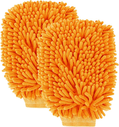 wuyaoyao 2PCS Car Wash Mitt, 10.14"×7.12" Chenille Microfiber Car Wash Mitts, Scratch-Free & Lint-Free, Absorbent Double Sided Clean Glove for Cars Cleaning, Auto Cleaning Supplies (Orange)