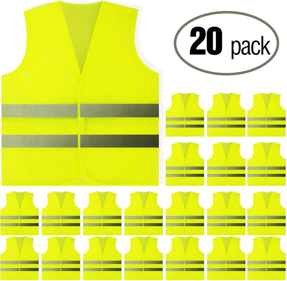 PeerBasics Safety Vests 10 Pack - Yellow Reflective High Visibility, Hi Vis Silver Strip, Men Women, Work, Cycling, Runner, Surveyor, Volunteer, Crossing Guard, Road, Construction, Neon (Mesh, 10)