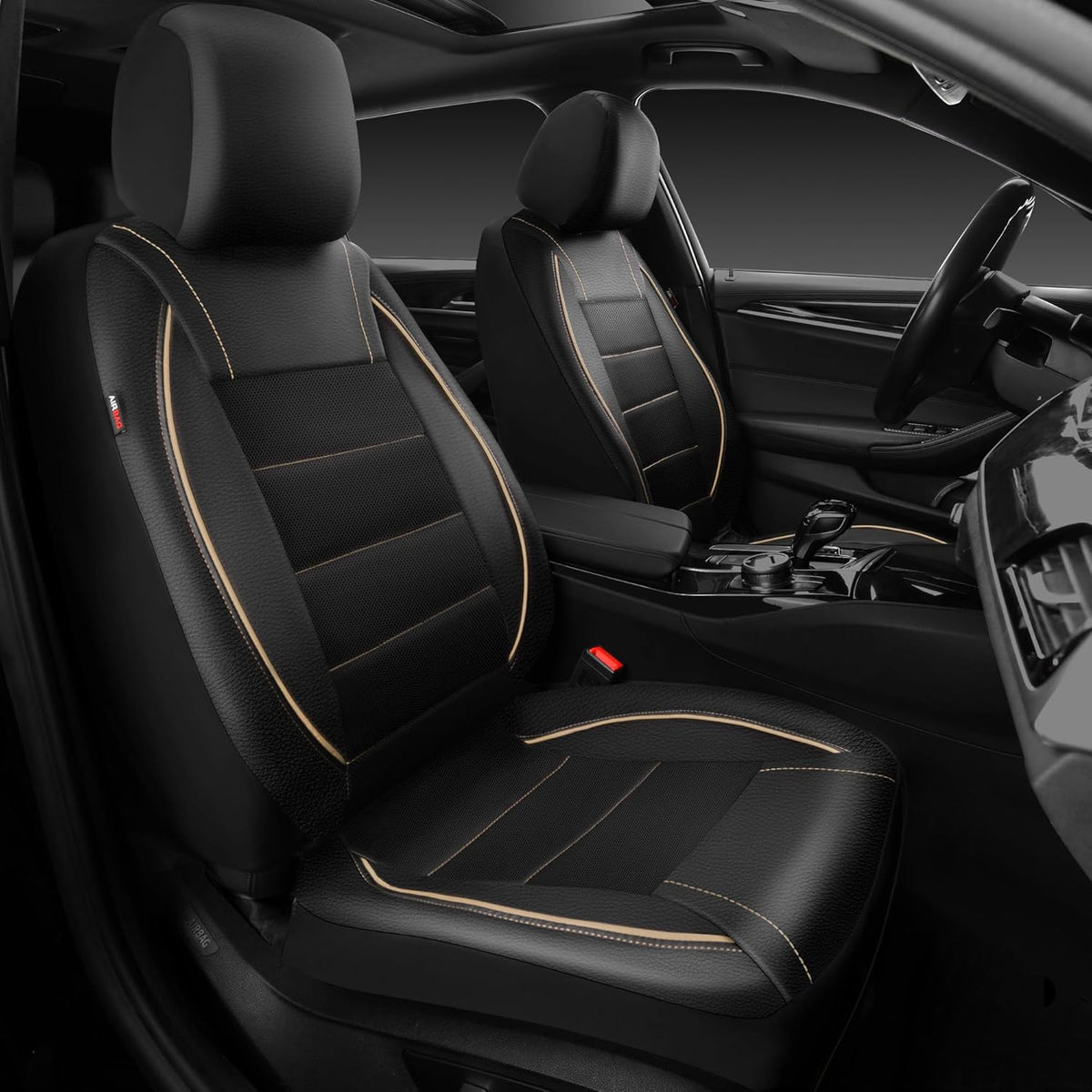 CAR PASS Universal FIT Piping Leather Two Front Seat Covers, Waterproof Faux Leather for SUV Sedan Van Truck, Airbag Compatible,Reserved Opening Holes for Headrest Covers. (Black red)