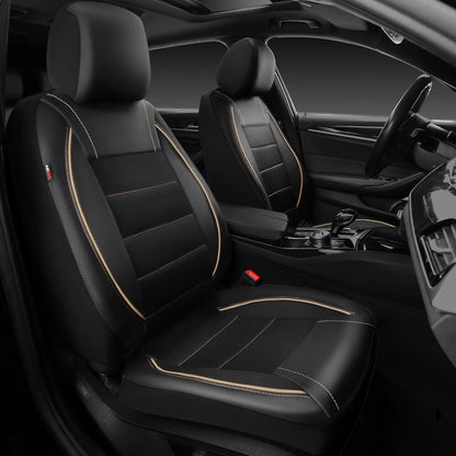 CAR PASS Universal FIT Piping Leather Two Front Seat Covers, Waterproof Faux Leather for SUV Sedan Van Truck, Airbag Compatible,Reserved Opening Holes for Headrest Covers. (Black red)