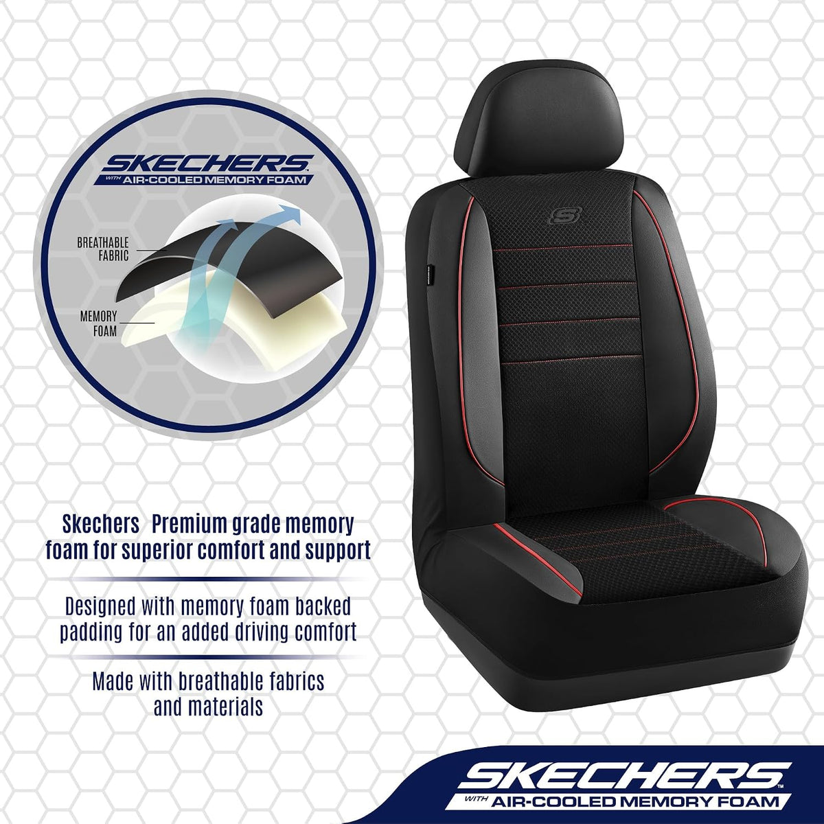 Skechers Air-Cooled Memory Foam Seat Covers,Mesh Thick Car Seat Covers,Piping Leather Car Seat Covers Front Seats,Airbag Compatible,Automotive Comfort Universal FitMost Cars,Vans,Truck,SUV,Black