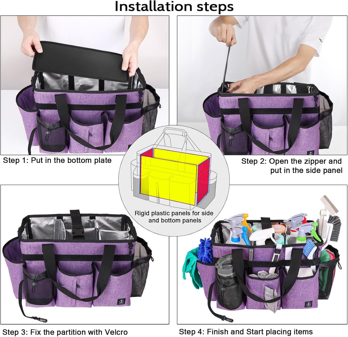 Large Cleaning Caddy Bag Built-in Sturdy Support Board, Cleaning Organizer with Detachable Divider, Cleaning Supply Tote with Adjustable Shoulder Strap&Waist Belt for Cleaners & Housekeeper