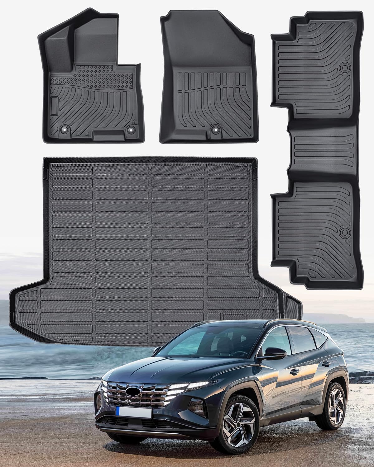 Weather Liner® Floor Mats for Hyundai Tucson 2026 2025 2024 2023 2022 (Excluding Hybrid & PHEV) Custom Fit TPE All Weather Liner Set for Interior Protection: Heavy Duty Front, Rear, Trunk Mats