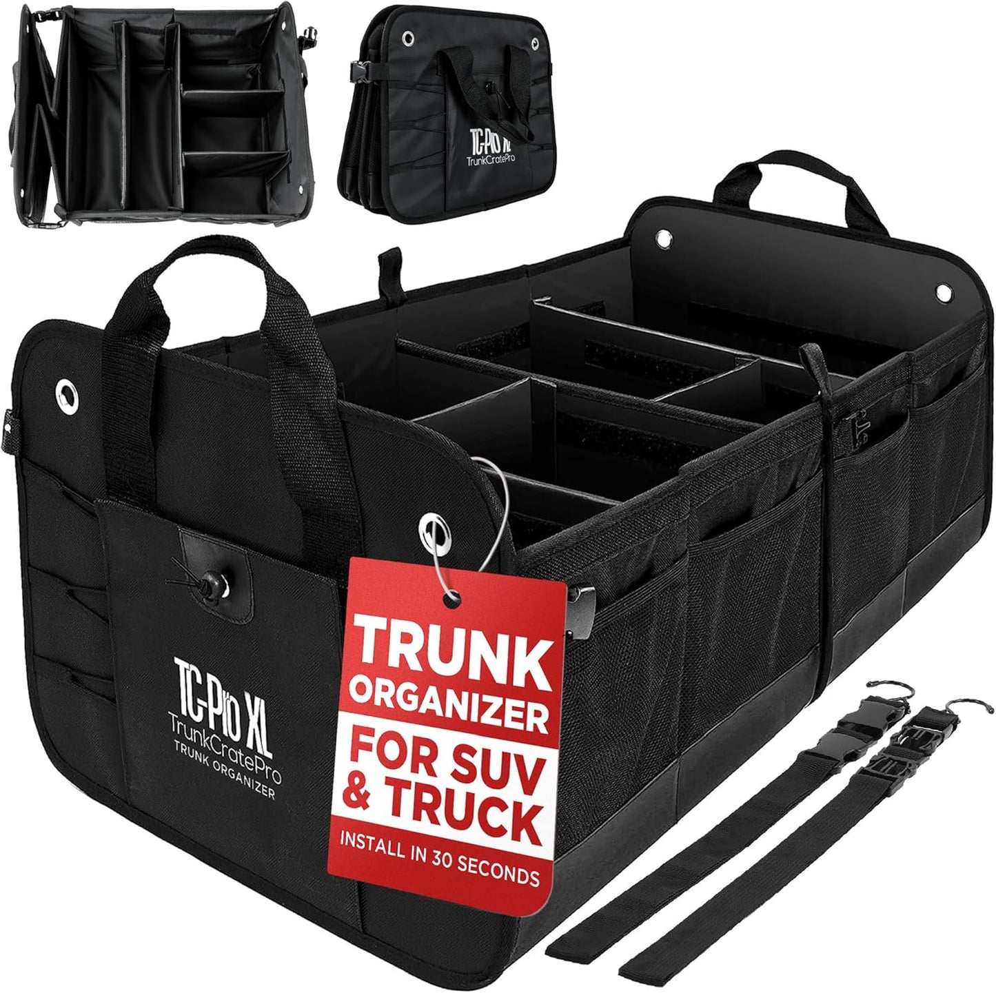TRUNKCRATEPRO Trunk Organizer For Car, Suv, Truck | Premium Adjustable Multi Compartments Collapsible Car Trunk Organizer With Securing Straps & Non-Slip Bottom (Large Size, Black)